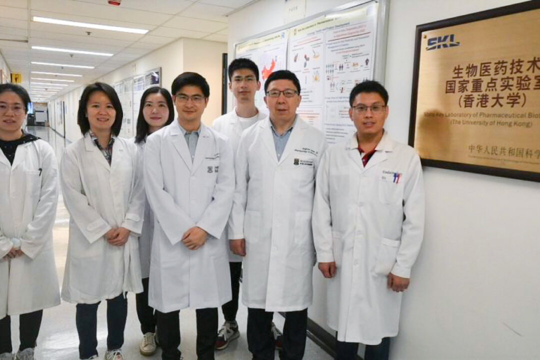 A research team from HKUMed develops a nanoparticle-based targeted drug delivery system for treating obesity and atherosclerosis. The research team members include (from left) Dr. Zhang Yaming, Dr. Cheong Lai-yee, Wang Qin, Dr. Wang Weiping, Dr. Jin Leigang, Professor Xu Aimin, and Dr. Chen Kang. Feb. 16, 2023. (HKU)

