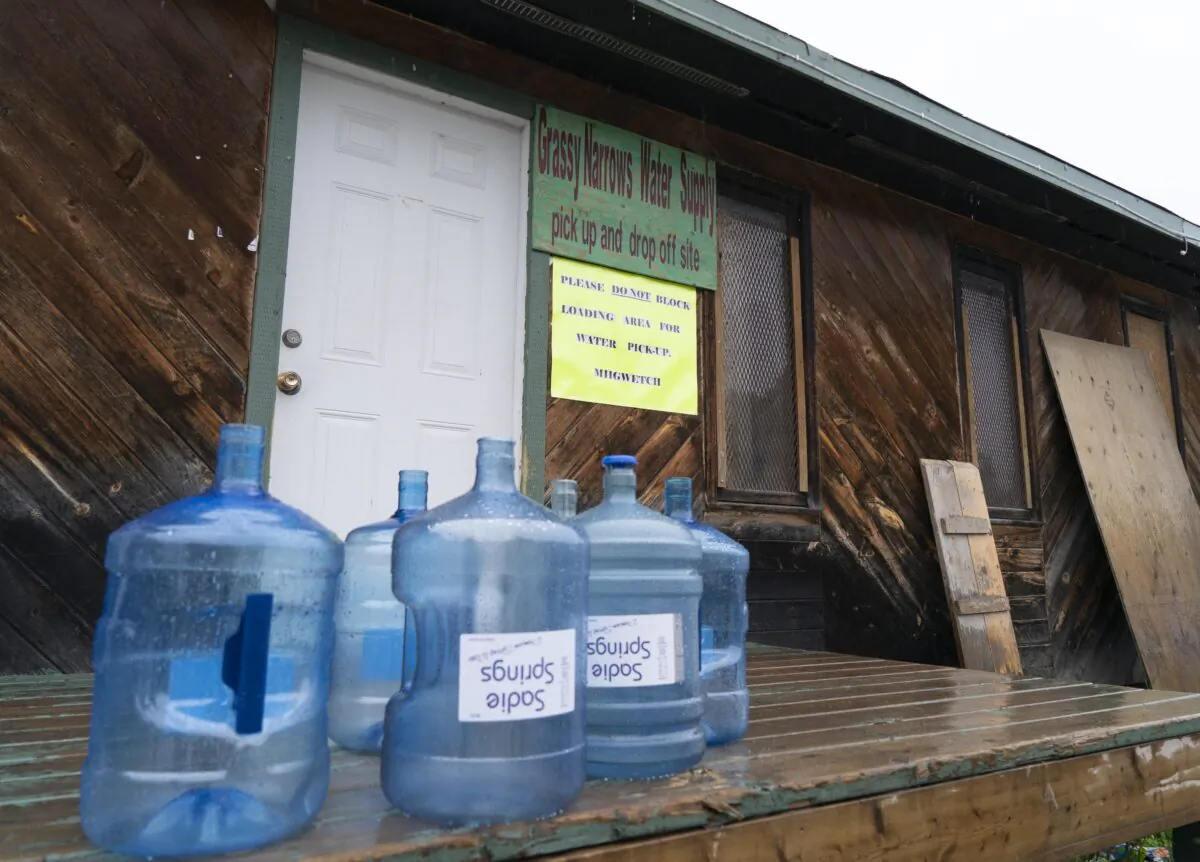 Water bottles are seen on the Grassy Narrows First Nation in northwestern Ontario on Oct. 5, 2019. (The Canadian Press/Paul Chiasson)