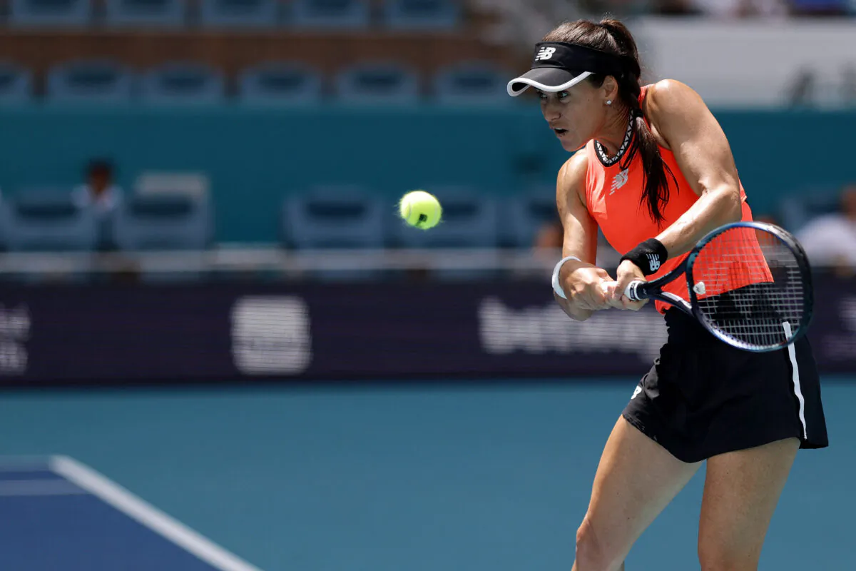 Sorana Cirstea of Romania serves against Aryna Sabalenka (not pictured) in a women's singles quarterfinal on day ten of the Miami Open at Hard Rock Stadium in Miami on March 29, 2023. (Geoff Burke/USA TODAY Sports via Reuters)