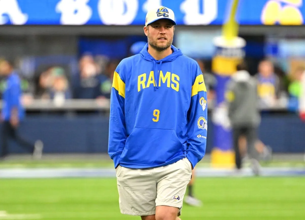 Los Angeles Rams quarterback Matthew Stafford (9) walks on the field prior a game against the Seattle Seahawks at SoFi Stadium Inglewood, Calif., on Dec. 4, 2022. (Jayne Kamin-Oncea/USA TODAY Sports via Field Level Media)