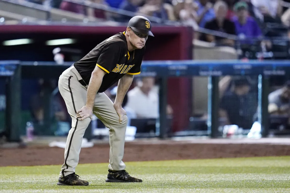 San Diego Padres third base coach Matt Williams pauses on the field during the seventh inning of a baseball game against the Arizona Diamondbacks in Phoenix, on Sept. 18, 2022. (Ross D. Franklin/AP Photo)