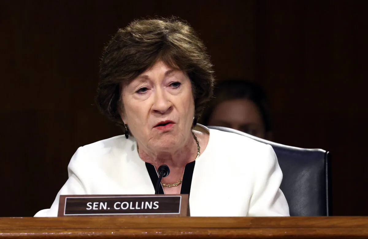 Sen. Susan Collins (R-Maine) listens as U.S. Secretary of State Anthony Blinken testifies during a Senate Appropriations subcommittee hearing on the Department of State budget request in Washington on June 08, 2021. (Kevin Dietsch/Getty Images)