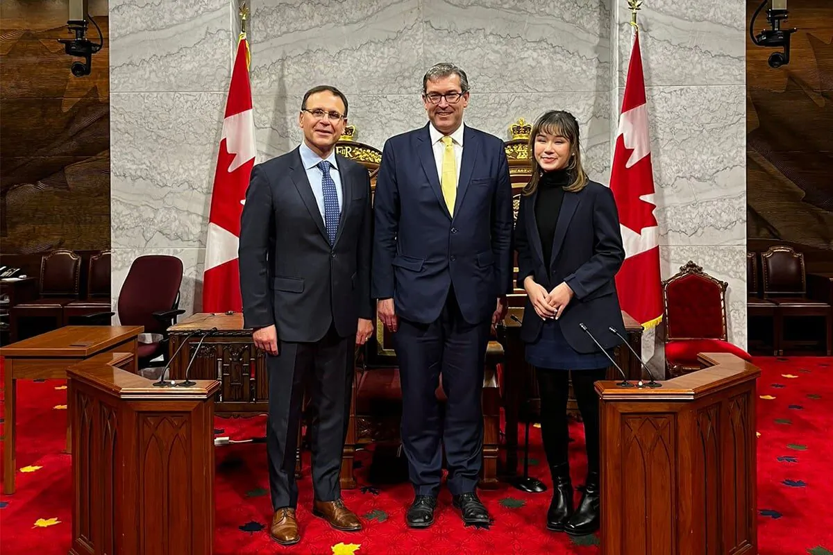 Katherine Leung (right), Canada's Hong Kong Watch policy advisor, was interviewed by The Epoch Times on how to deal with anonymous threats against Hong Kong people overseas. Katherine is pictured with Hong Kong Watch co-founder Benedict Rogers (center) and Canadian Senator and Hong Kong Watch patron Leo Housakos (left). (Courtesy of Katherine Leung)