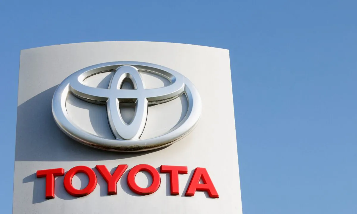 A Toyota logo at a Toyota dealership in Zaventem, Belgium, on Nov. 25, 2022. (Johanna Geron/Reuters)