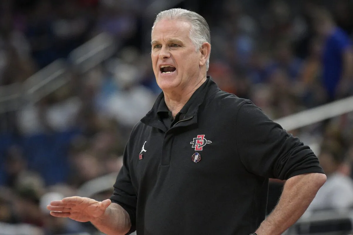 San Diego State head coach Brian Dutcher calls out instructions during the first half of a first-round college basketball game against Charleston in the NCAA Tournament in Orlando, Fla., on March 16, 2023. (Phelan M. Ebenhack/AP Photo)