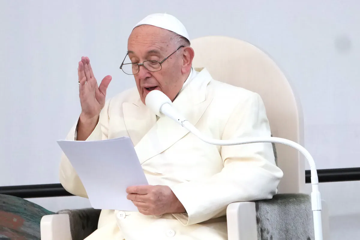 During a visit to Canada, Pope Francis speaks at a public event in Iqaluit, Nunavut, on July 29, 2022. (The Canadian Press/Nathan Denette)