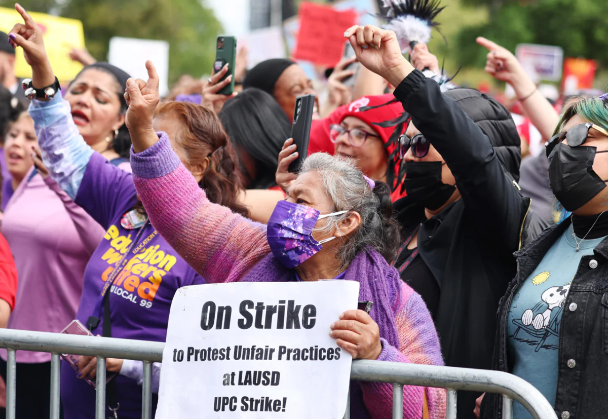 Los Angeles Unified School District (LAUSD) workers and supporters rally in Los Angeles State Historic Park on the last day of a strike over a new contract in Los Angeles on March 23, 2023. (Mario Tama/Getty Images)