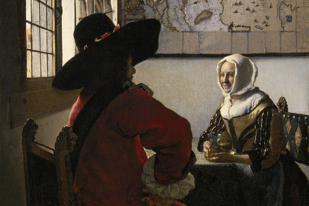 A detail from "Officer and Laughing Girl," circa 1657, by Johannes Vermeer. Oil on canvas. The Frick Collection, New York City. (Public Domain)