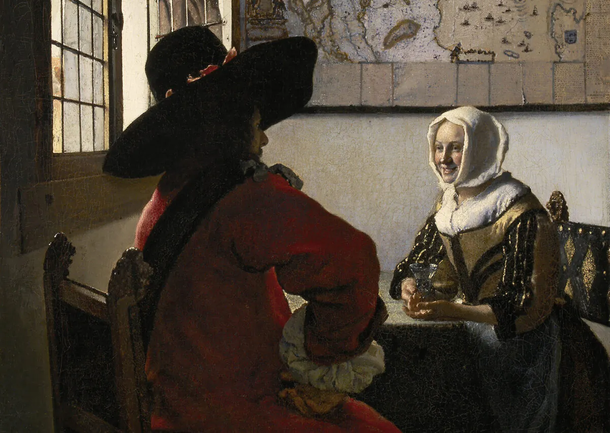A detail from "Officer and Laughing Girl," circa 1657, by Johannes Vermeer. Oil on canvas. The Frick Collection, New York City. (Public Domain)