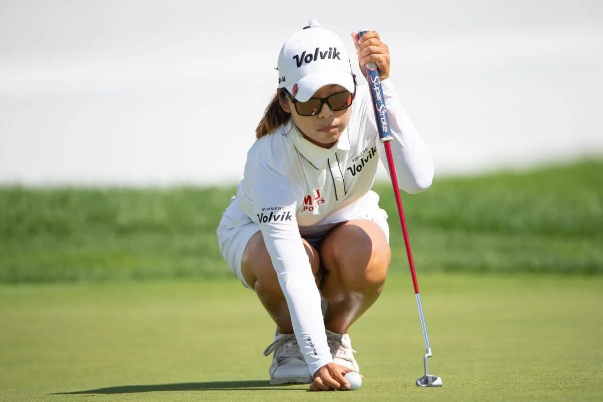 Mi Hyang Lee from Korea sets up the ball on the 18th hole green during the final round of the CP Women's Open golf tournament in Ottawa, Ontario, Canada, on Aug. 28, 2022. (Marc DesRosiers/USA TODAY Sports via Field Level Media)