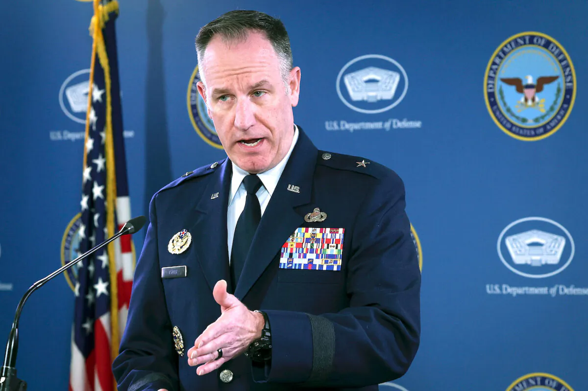 Pentagon spokesman Air Force Brig. Gen. Patrick Ryder speaks at a briefing at the Pentagon in Arlington, Va., on March 16, 2023. (Win McNamee/Getty Images)