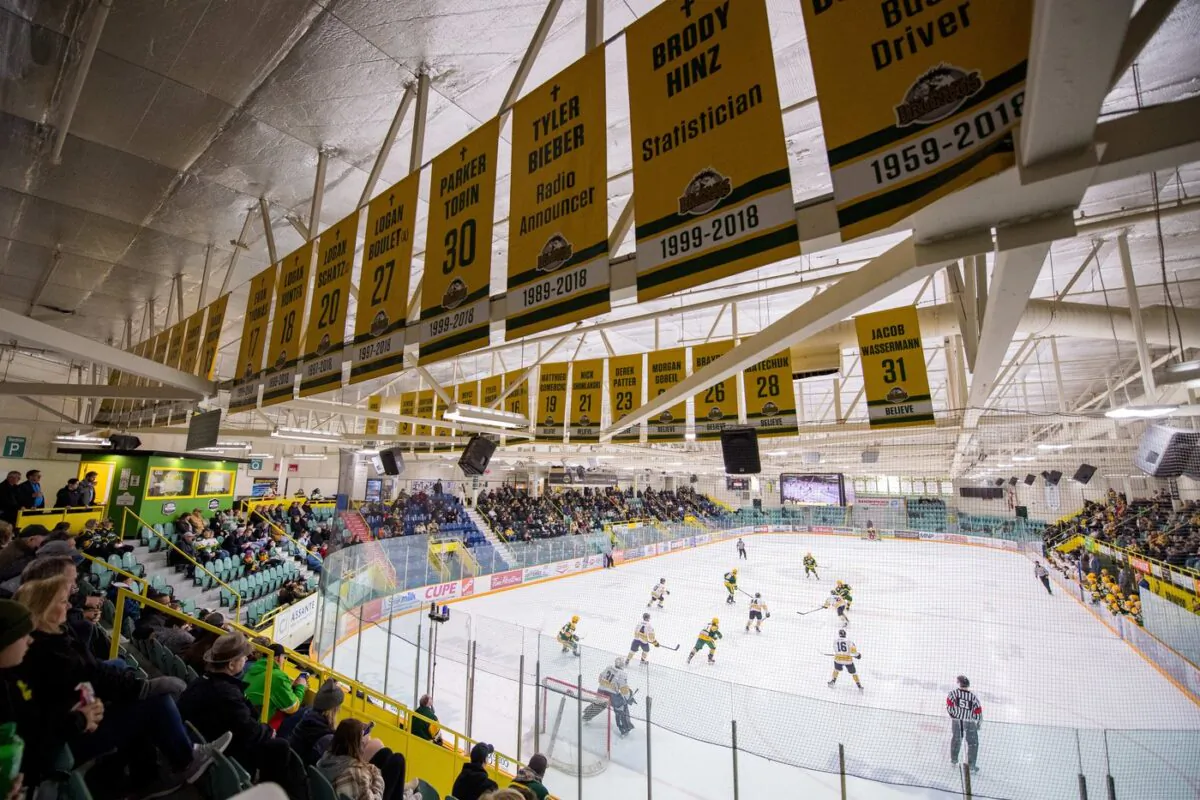 The Humboldt Broncos take on the Nipawin Hawks in the first round of Saskatchewan Junior Hockey League playoffs at the Elgar Petersen Arena in Humboldt, Sask., on March 17, 2023. (The Canadian Press/Liam Richards)