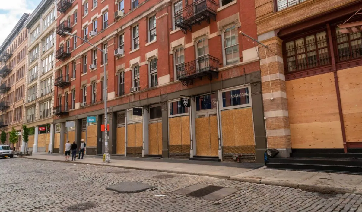 Boarded up stores in Soho in New York after vandalization and looting during the previous night’s protests, in New York, N.Y., on June 1, 2020. (rblfmr/Shutterstock)