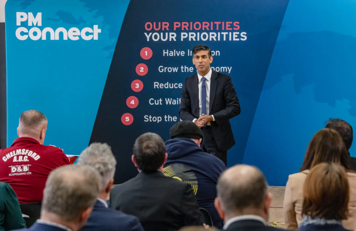 UK Prime Minister Rishi Sunak speaks to an audience as he attends a Q&A session during a Connect event at Chelmsford Boys Club in Chelmsford, England, on March 27, 2023. (Jack Hill-WPA Pool/Getty Images)