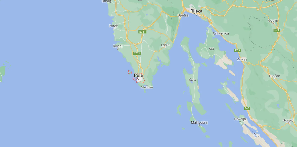 A map shows the location of town of Pula, in the Istria peninsula, in Croatia, on March 31, 2023. (Google Maps)