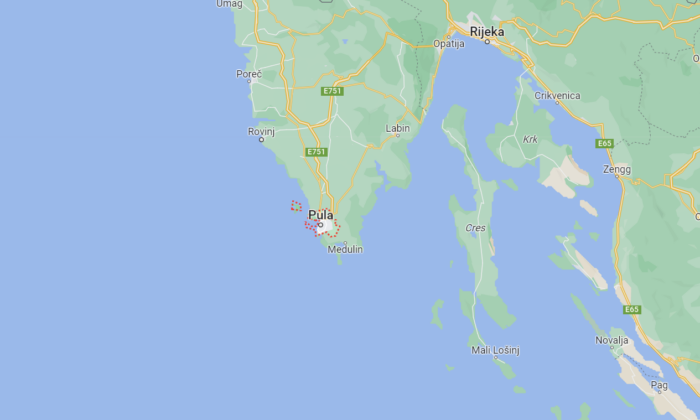 A map shows the location of town of Pula, in the Istria peninsula, in Croatia, on March 31, 2023. (Google Maps)