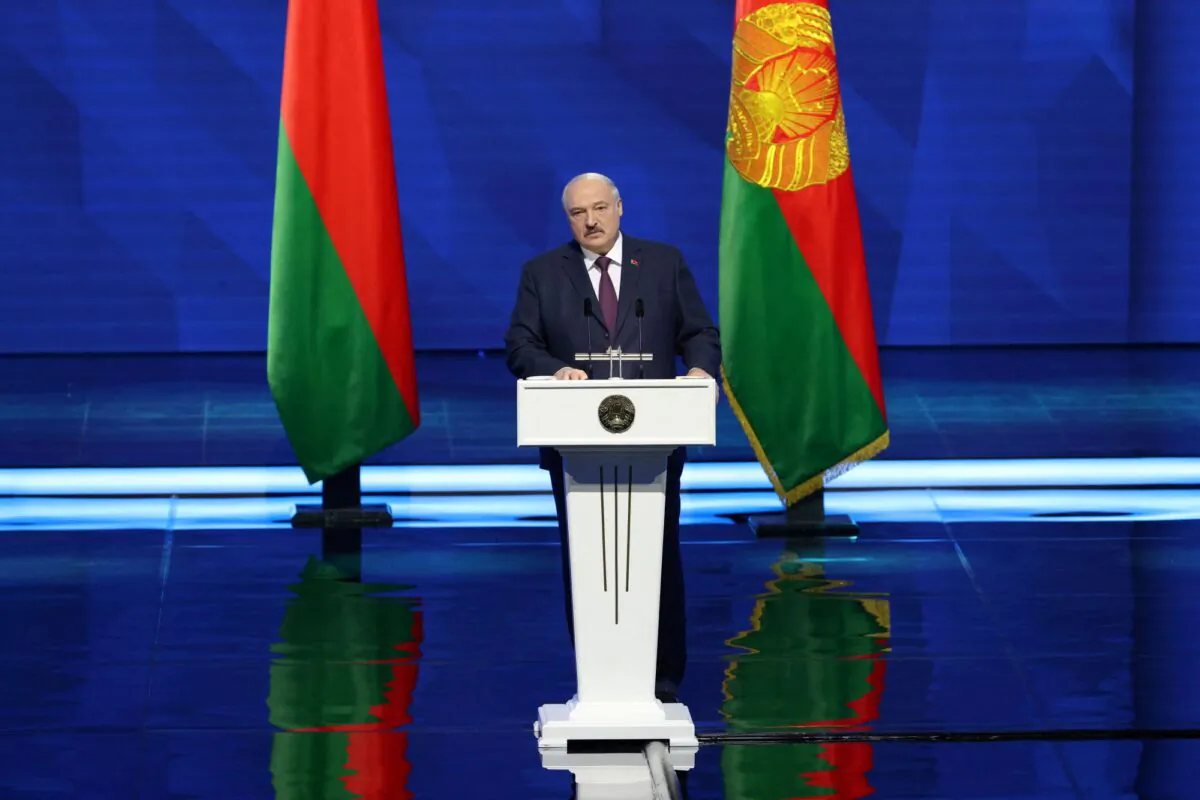 Belarusian President Alexander Lukashenko delivers an annual address to parliament, government and the nation in Minsk, Belarus, on March 31, 2023. (Maxim Guchek/BelTA/Handout via Reuters)