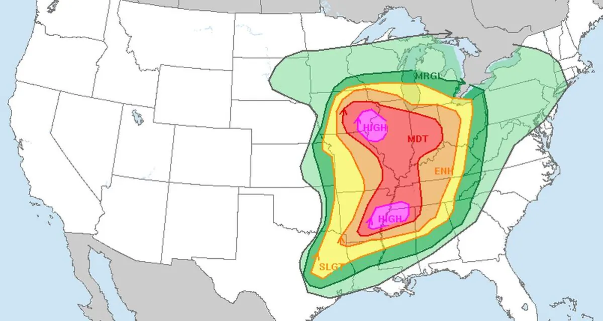The National Weather Service Storm Prediction Center shows potential impacts of severe weather in the central United States, according to a map posted March 31, 2023. (NOAA's Storm Prediction Center)