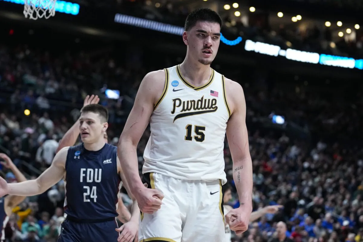 Purdue center Zach Edey (15) reacts after being fouled by Fairleigh Dickinson in the second half of a first-round college basketball game in the men's NCAA Tournament in Columbus, Ohio, on March 17, 2023. (Michael Conroy/AP Photo)