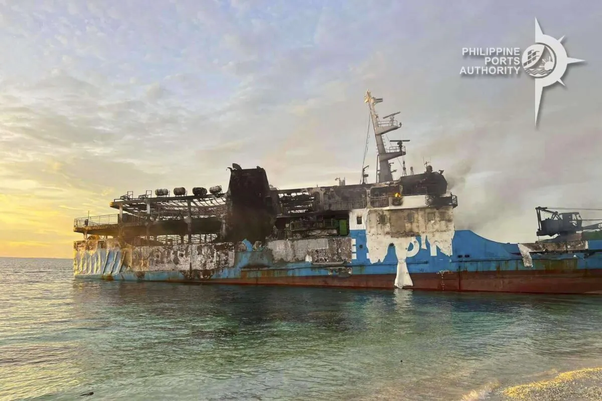 The remains of the MV Lady Mary Joy in Basilan, southern Philippines, on March 30, 2023. (Philippine Ports Authority Zamboanga via AP)