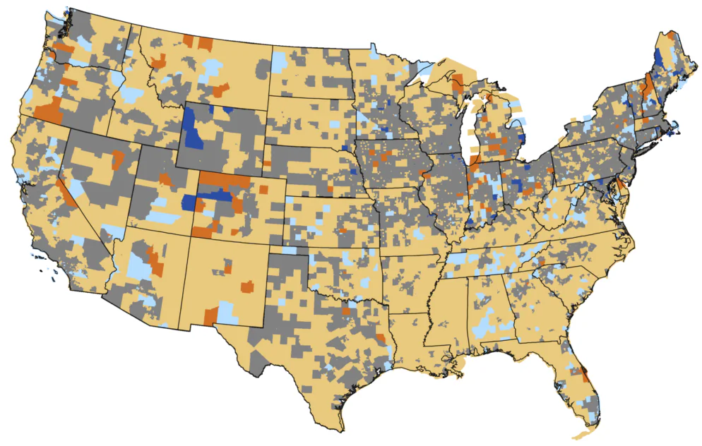 A March 13, 2023 federal map shows the country’s access to doctors; yellow areas are considered “medically underserved.” (Courtesy of the Health Resources & Services Administration)