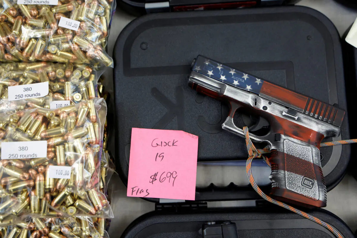 A U.S. flag-themed handgun is displayed for sale at the Des Moines Fairgrounds Gun Show at the Iowa State Fairgrounds in Des Moines, Iowa, on March 11, 2023. (Jonathan Ernst/Reuters)