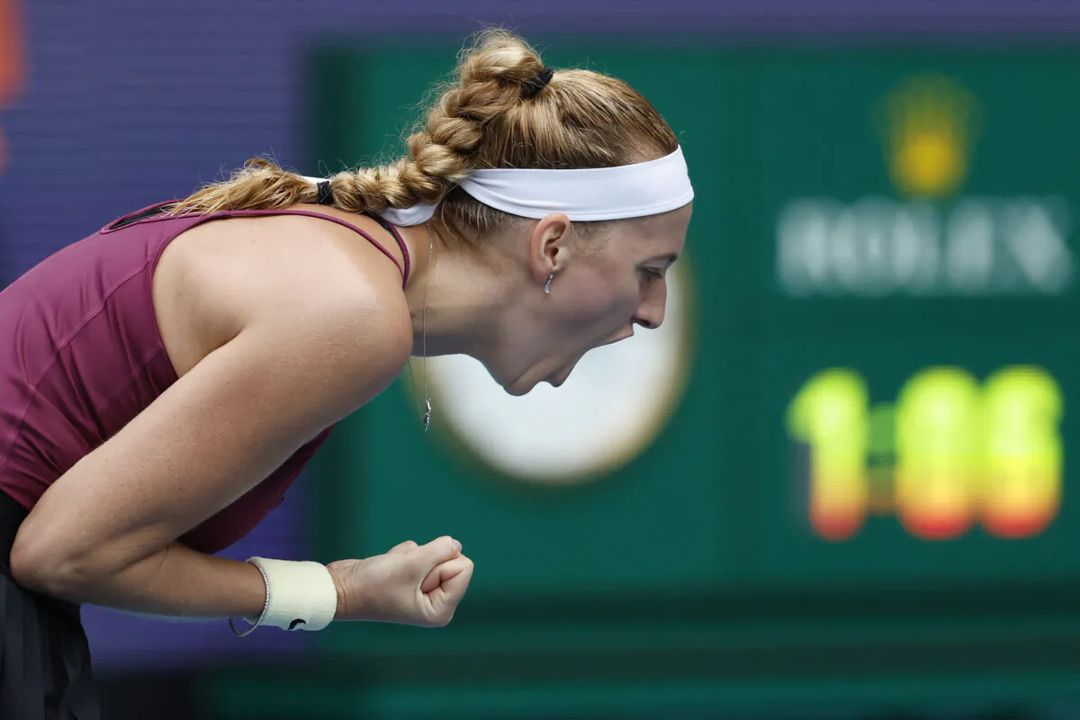 Petra Kvitova of the Czech Republic reacts after winning a first set tiebreaker against Elena Rybakina of Kazakhstan (not pictured) in the women's singles final on day thirteen of the Miami Open at Hard Rock Stadium in Miami on April 1, 2023. (Geoff Burke/USA TODAY Sports via Reuters)