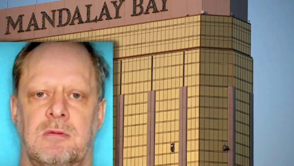 Stephen Paddock's license photo is seen next to the Mandalay Bay resort and casino on the Las Vegas Strip, following a deadly shooting at a music festival in Las Vegas on Monday, Oct. 2, 2017. (Department of Motor Vehicles; AP Photo/John Locher, File)


