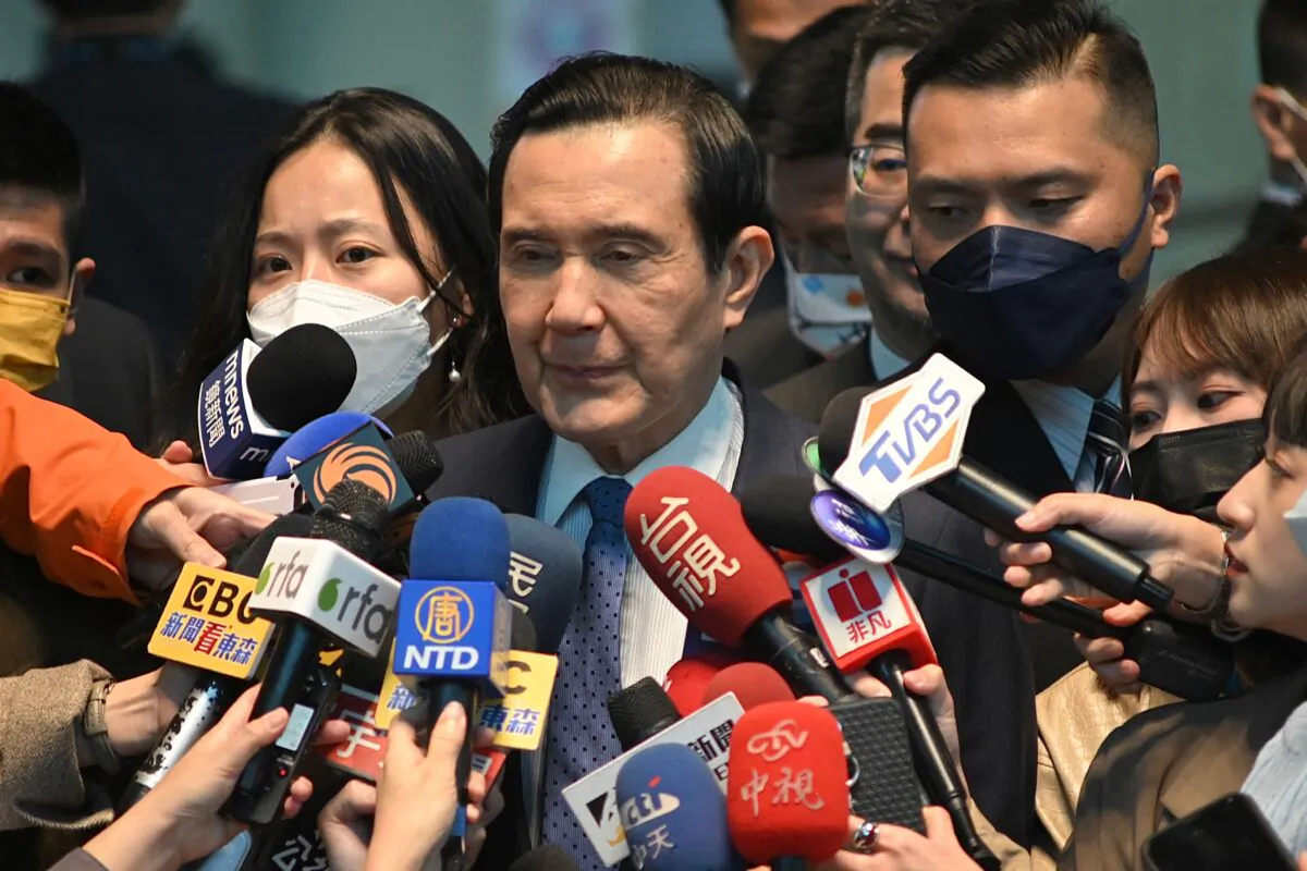 Taiwan's former president, Ma Ying-jeou (C), speaks to journalists before his visit to China from the Taoyuan international airport in Taiwan on March 27, 2023. Ma's travel to China is the first cross-strait visit by a current or former leader of Taiwan in more than 70 years, though he will not visit Beijing and has no current plans to meet Chinese government officials, his spokesman said on March 20. (Sam Yeh/AFP via Getty Images)