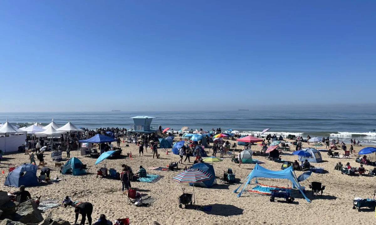 Dog lovers and corgis crowded the sands to celebrate the 11th annual Corgi Beach Day in Huntington Beach, Calif., on April 1, 2023. (Carol Cassis/The Epoch Times)