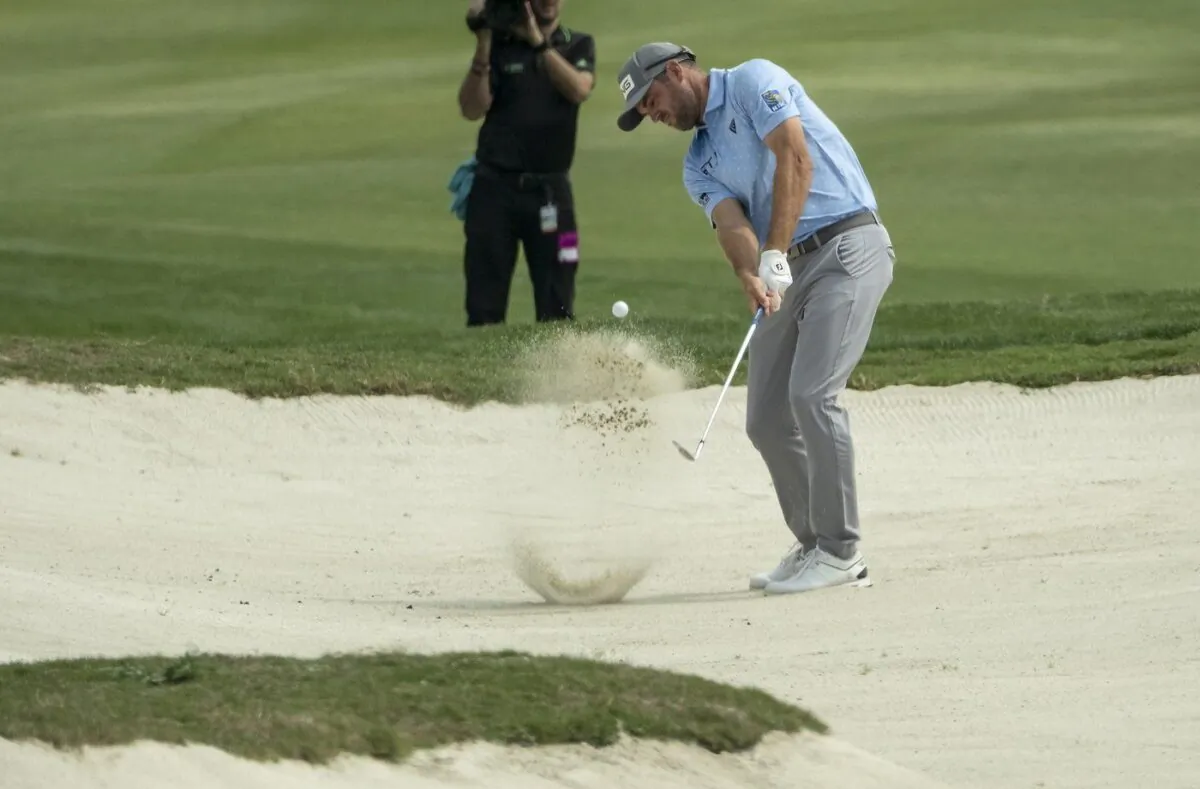 Corey Conners of Canada hits out of a fairway bunker on the 14th hole during the second round of the Valero Texas Open golf tournament, on Mar. 31, 2023, in San Antonio. (The Canadian Press/AP-Rodolfo Gonzalez)
