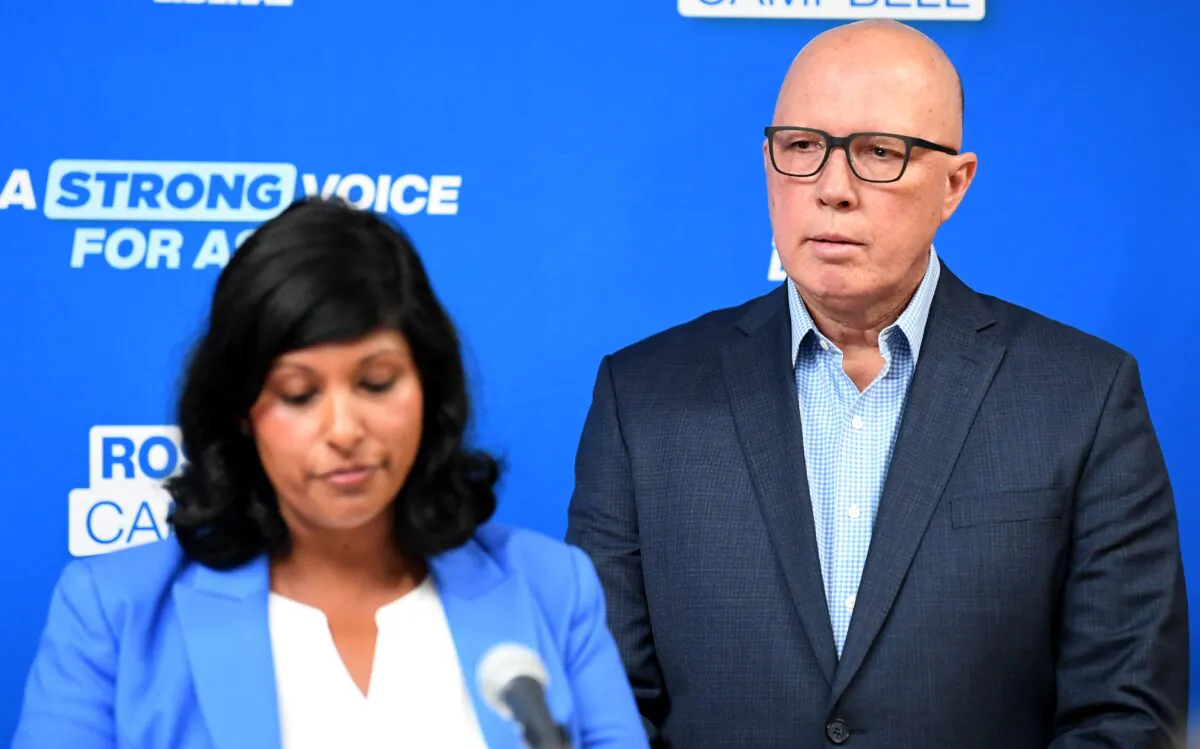 Liberal candidate for Aston Roshena Campbell (left) federal opposition leader Peter Dutton are seen and during a Liberal Party by-election function at Knox Italian Community Club in Melbourne, Australia on April 1, 2023. (AAP Image/Julian Smith) 