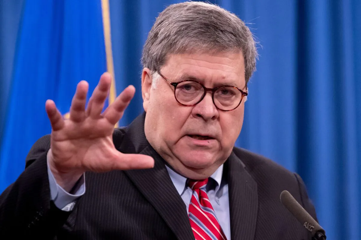 Attorney General William Barr speaks during a news conference at the Department of Justice in Washington on Dec. 21, 2020. (Michael Reynolds/Pool/AFP via Getty Images)