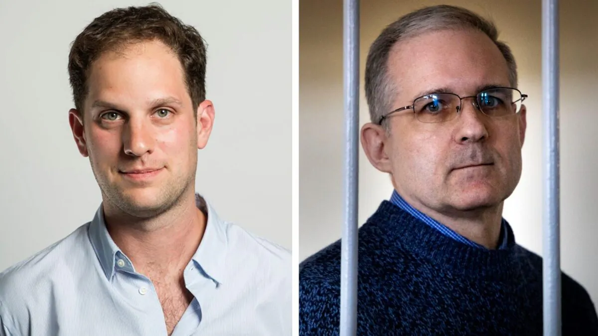 Left: Wall Street Journal journalist Evan Gershkovich in an undated photo. (The Wall Street Journal via AP). Right: Paul Whelan, a former U.S. Marine, stands behind bars as he waits for a hearing in a courtroom in Moscow on Aug. 23, 2019. (Alexander Zemlianichenko/AP Photo)