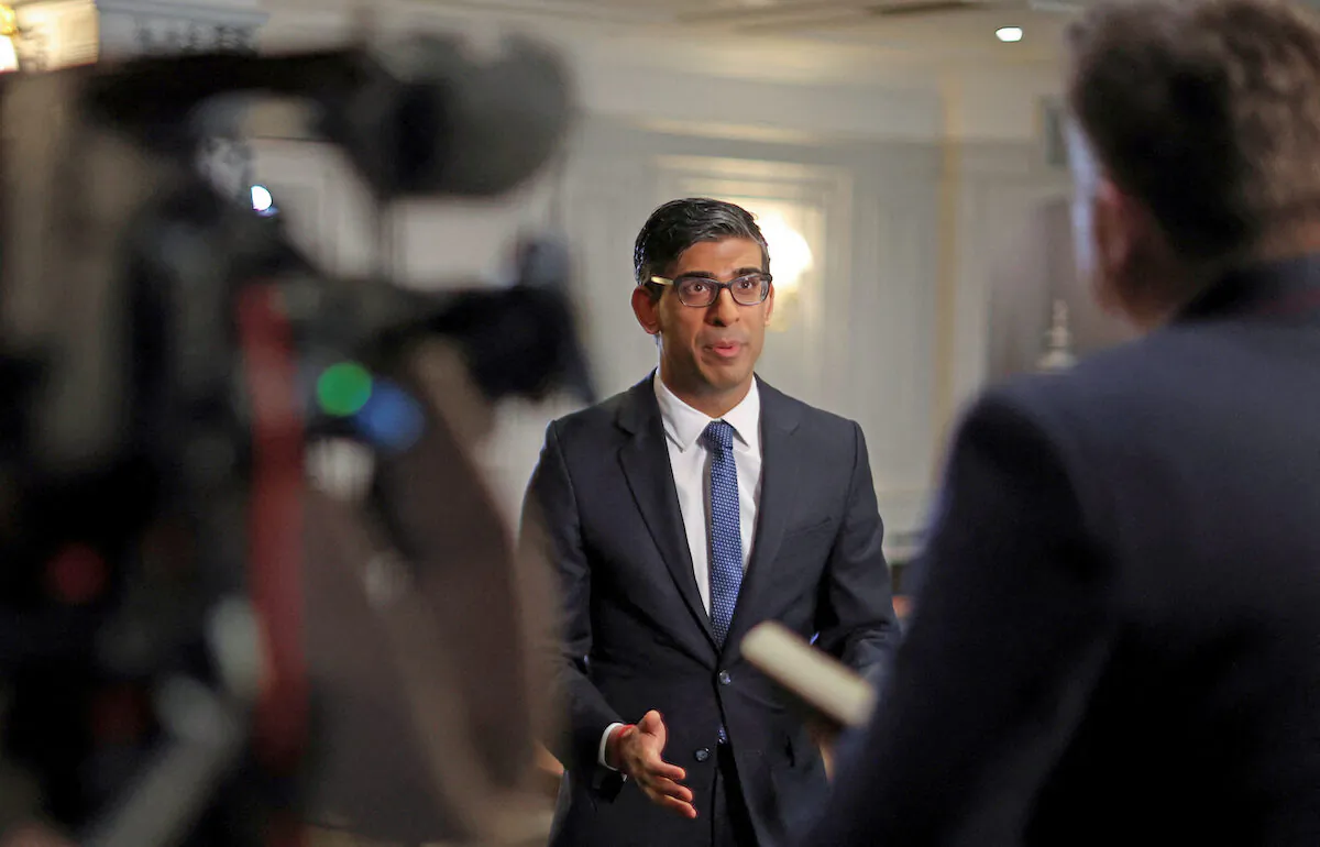 Prime Minister Rishi Sunak speaks to the media after a meeting of the Grooming Gangs Taskforce, at a hotel in Rochdale, Greater Manchester, on April 3, 2023. (PA Media)