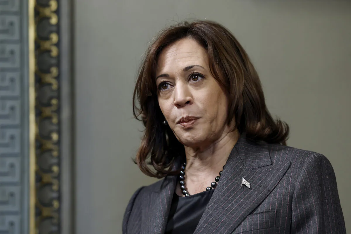 U.S. Vice President Kamala Harris speaks to reporters after participating in a swearing in ceremony for Eric Garcetti as ambassador to India at the Eisenhower Executive Office Building in Washington, on March 24, 2023. (Anna Moneymaker/Getty Images)