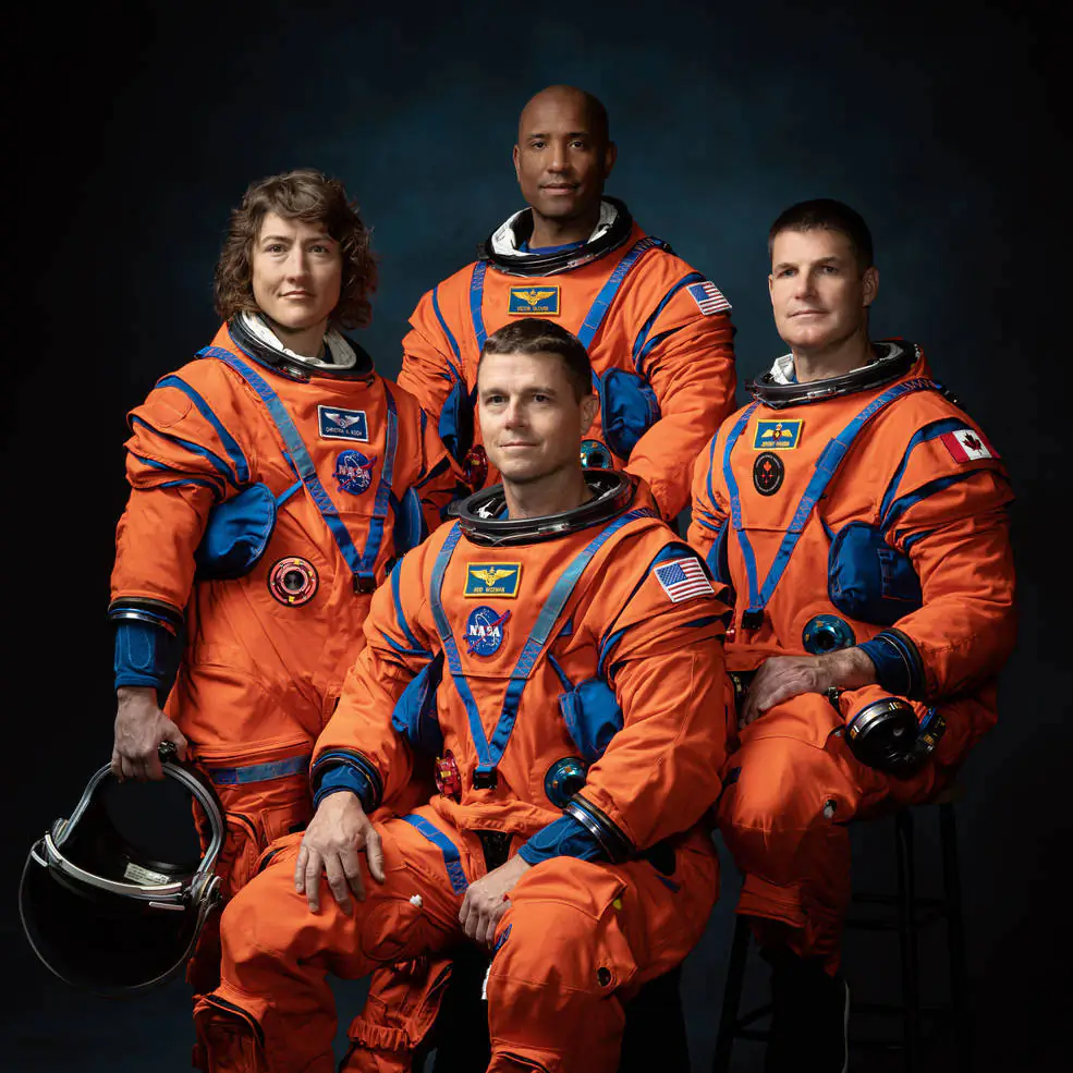 The crew of Artemis II: NASA astronauts Christina Koch (L), Reid Wiseman (2nd L), Victor Glover (2nd R), and Canadian Space Agency Astronaut Jeremy Hansen (R) at Johnson Space Center in Houston on March 29, 2023. (Josh Valcarcel/Courtesy of NASA)