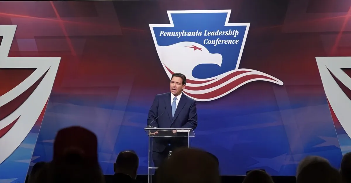Florida Gov. Ron DeSantis addresses a crowd at the Pennsylvania Leadership Conference in Harrisburg on April 1, 2023. (Joseph Lord/The Epoch Times)