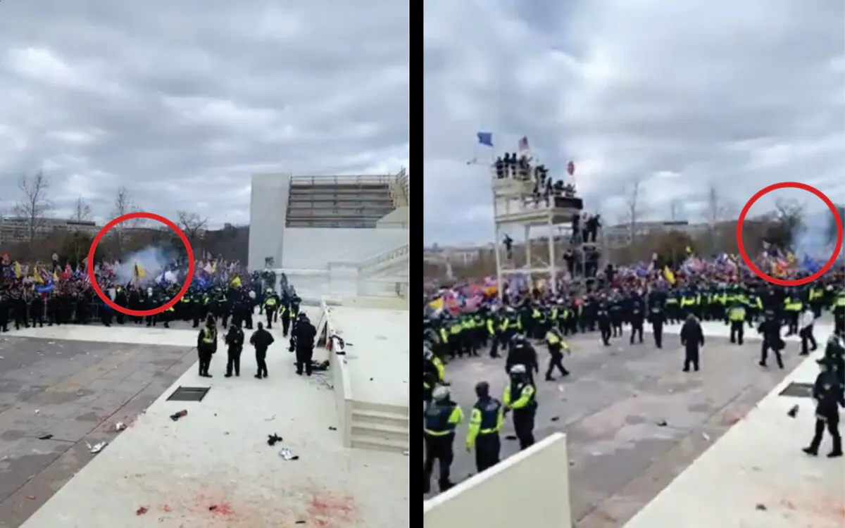 A Metropolitan Police Department officer's camera captured at least 40 munitions deployments into the crowds at the U.S. Capitol on Jan. 6, 2021. (Metropolitan Police Department/Screenshots and Graphic by The Epoch Times)