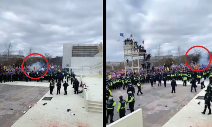 A Metropolitan Police Department officer's camera captured at least 40 munitions deployments into the crowds at the U.S. Capitol on Jan. 6, 2021. (Metropolitan Police Department/Screenshots and Graphic by The Epoch Times)