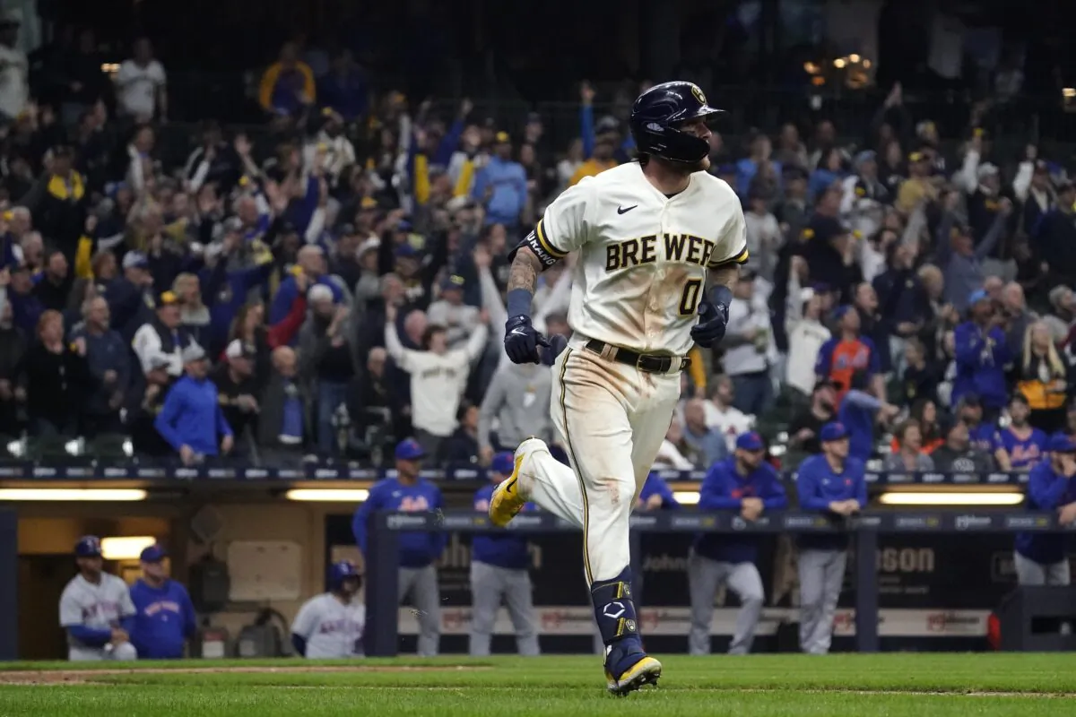 Milwaukee Brewers' Brice Turang watches the ball after hitting a grand slam during the fifth inning of a baseball game against the New York Mets in Milwaukee on April 3, 2023. (Aaron Gash/AP Photo)