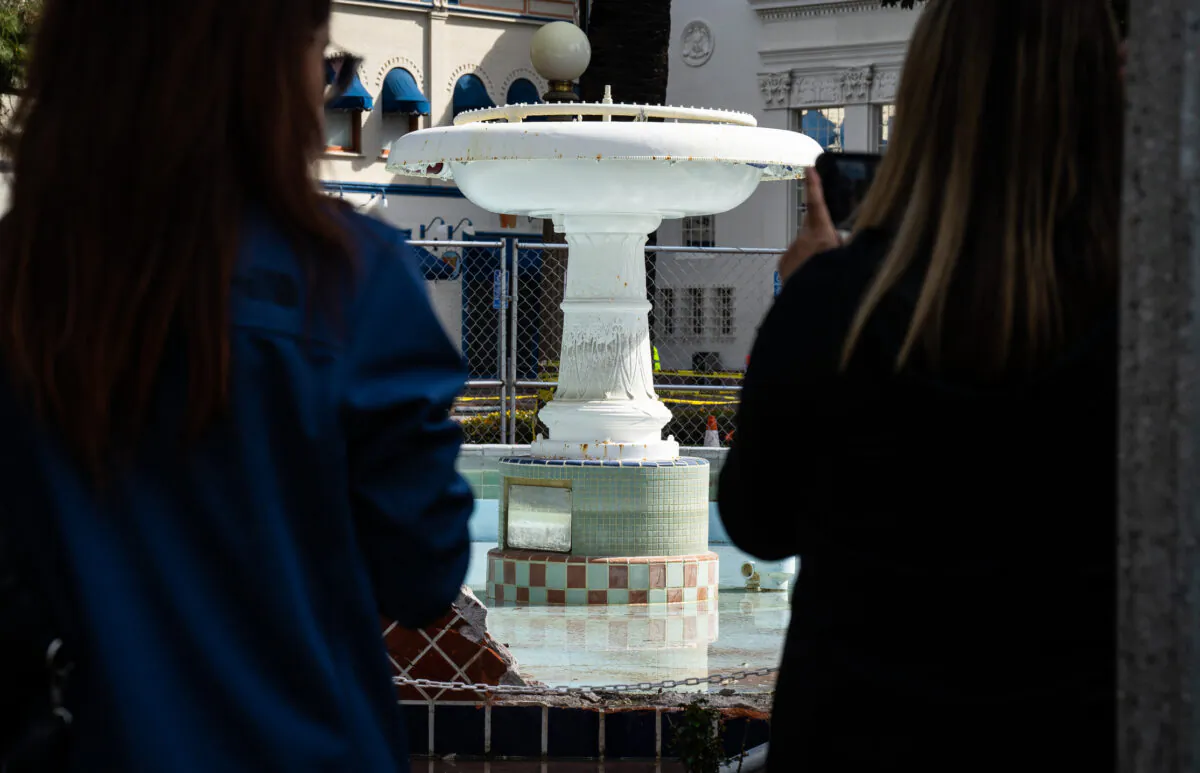 Orange County officials hold a press conference at the damaged historic fountain at Plaza Park in Orange, Calif., on March 30, 2023. (John Fredricks/The Epoch Times)