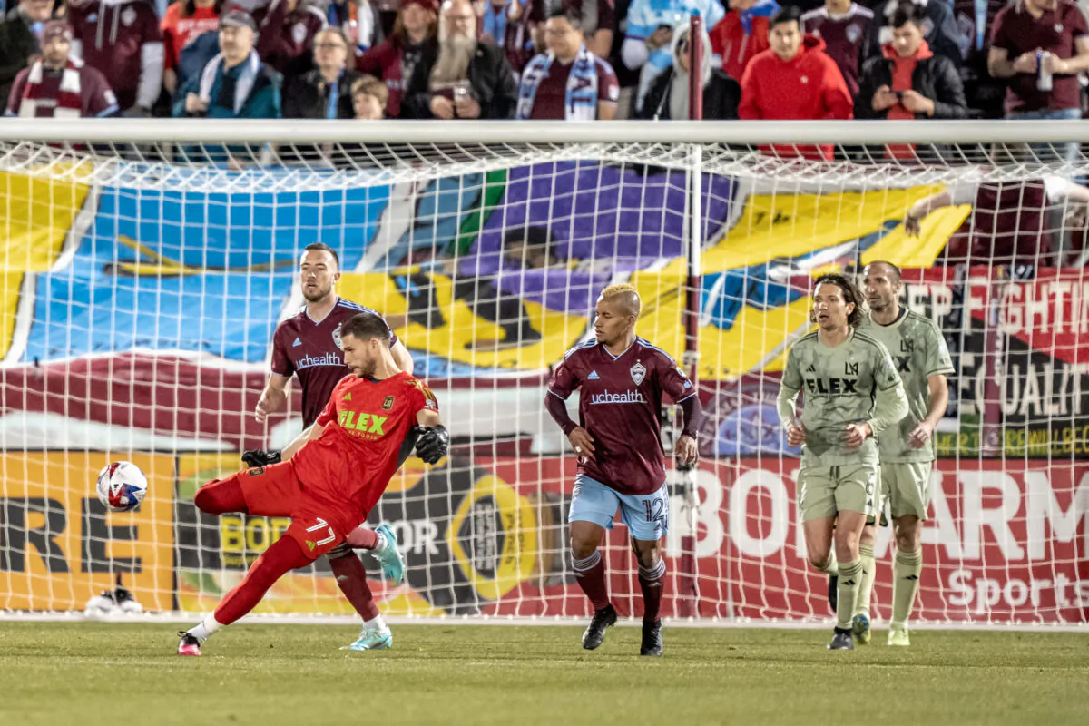 LAFC goalie John McCarthy punts the ball against the Colorado Rapids at Commerce City, Colo., on April 1, 2023. (John Harrison/NLL via LAFC)
