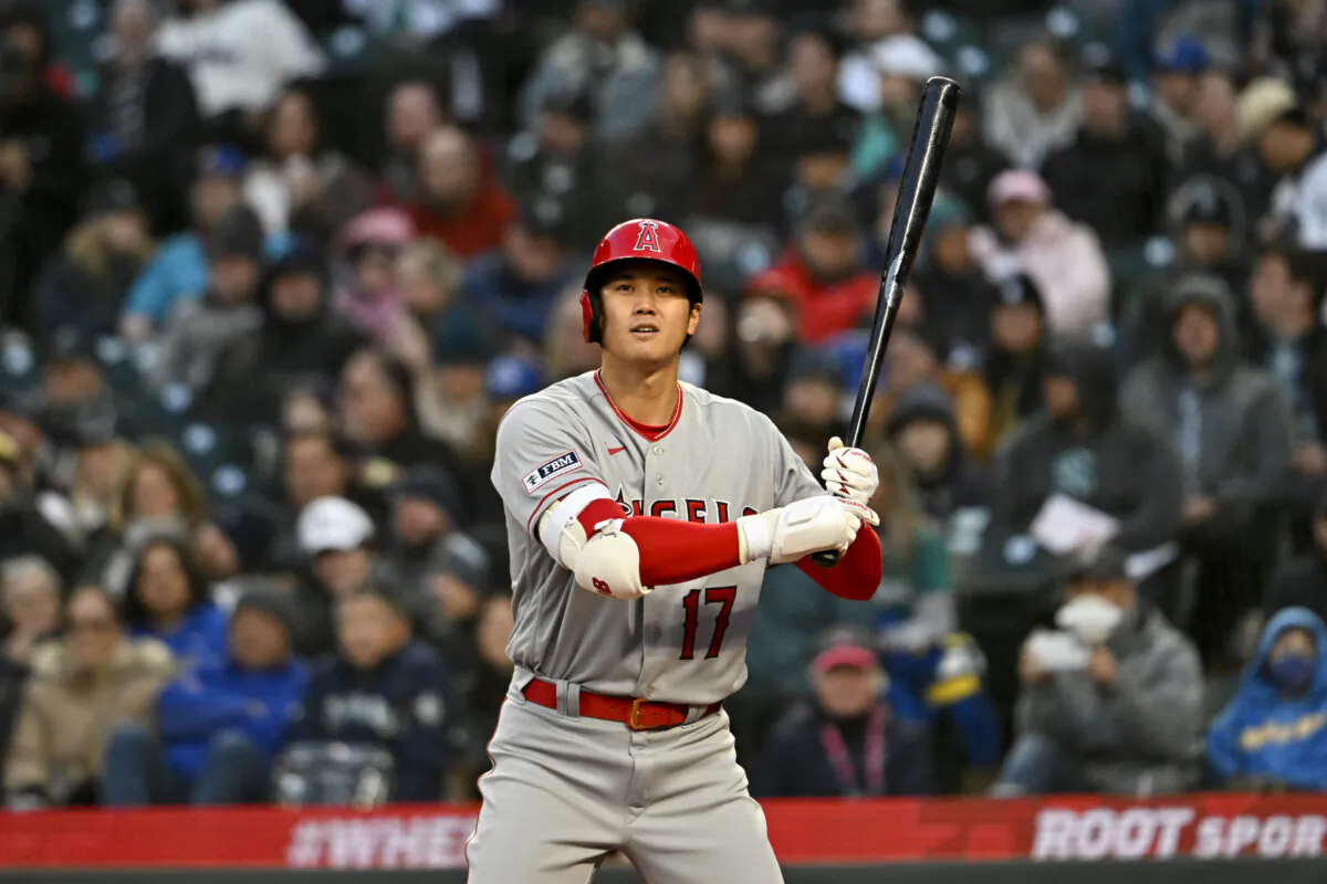 Shohei Ohtani (17) of the Los Angeles Angels bats during the third inning against the Seattle Mariners at T-Mobile Park in Seattle on April 3, 2023. (Alika Jenner/Getty Images)