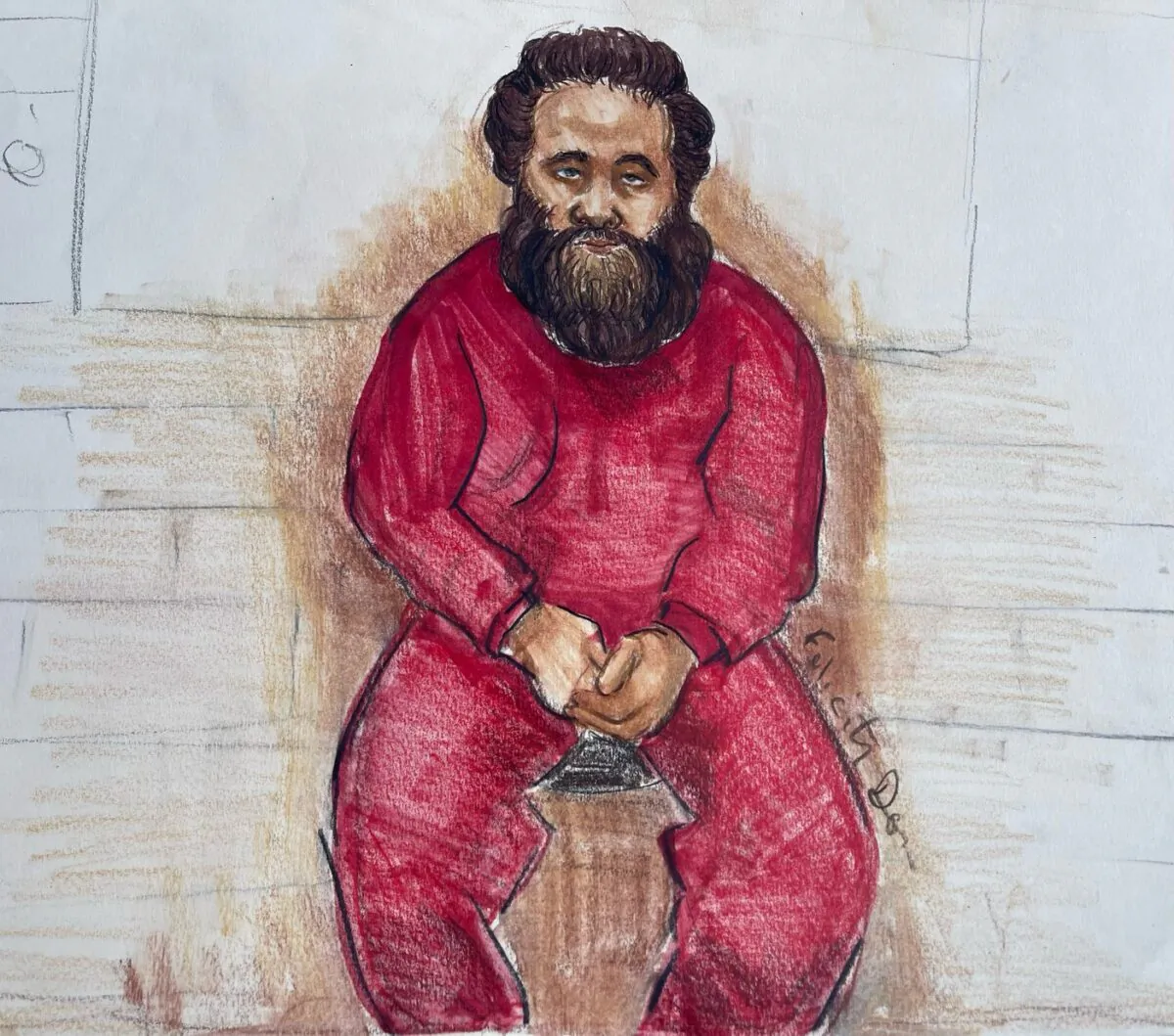 Abdul Aziz Kawam is shown this courtroom sketch in Surrey, B.C. on April 3, 2023. (The Canadian Press/Felicity Don)