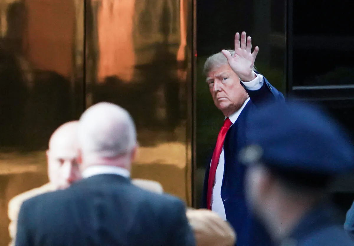 Former President Donald Trump arrives at Trump Tower, after his indictment by a Manhattan grand jury following a probe into hush money paid to porn star Stormy Daniels, in New York City, on April 3, 2023.  (David Dee Delgado/Reuters)