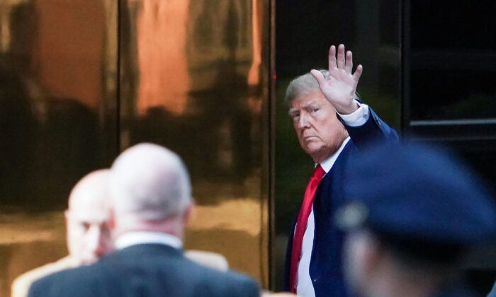 Former President Donald Trump arrives at Trump Tower, after his indictment by a Manhattan grand jury following a probe into hush money paid to porn star Stormy Daniels, in New York City, on April 3, 2023.  (David Dee Delgado/Reuters)