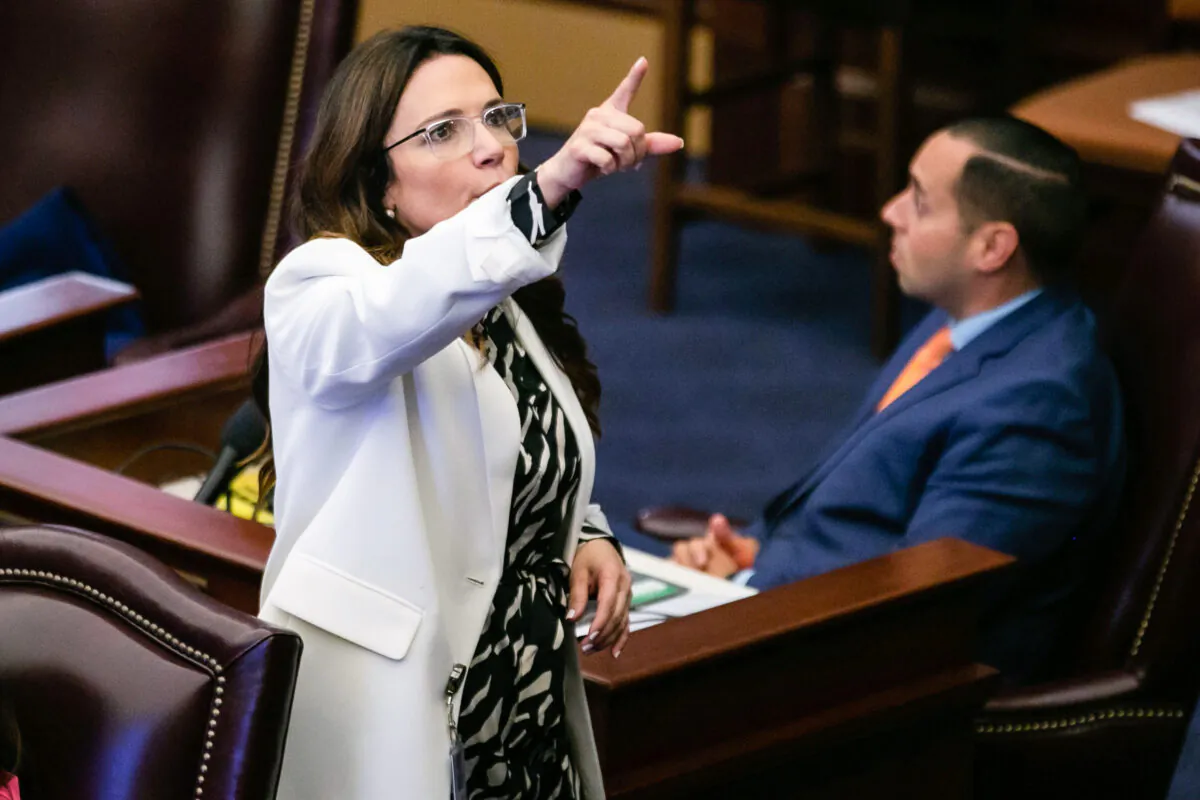 Florida State Sen. Ileana Garcia asks people in the Senate gallery to "be quiet" during debate over Florida’s six-week abortion ban, in Tallahassee, Fla., on April 3, 2023. (Alicia Devine/Tallahassee Democrat via AP)