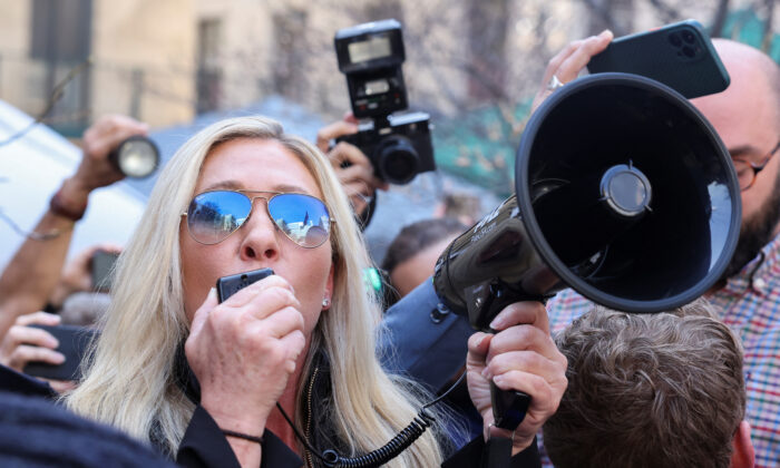 Rep. Marjorie Taylor Greene (R-Ga.) speaks outside Manhattan Criminal Courthouse on the day of former President Donald Trump's planned court appearance on April 4, 2023. (Reuters/Caitlin Ochs)