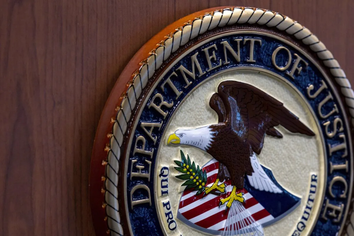 The Department of Justice emblem at the U.S. Attorney's Office for the Southern District of Florida in downtown Miami is pictured on Jan. 25, 2023. (D.A. Varela/Miami Herald via AP)